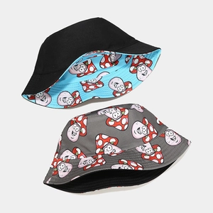 Reversible bucket hat with cute mushroom cartoon print in black and blue cotton