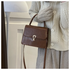 Brown vintage leather handbag with metallic clasp held by a model in a minimalist home