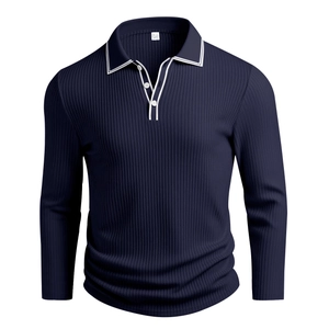 Detail of navy knit long sleeve polo shirt showing neckline, three buttons and L size tag