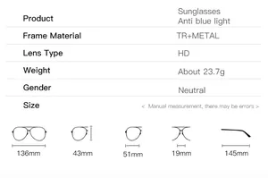 Detailed size guide for TR90 and metal half-frame sunglasses with specific dimensions