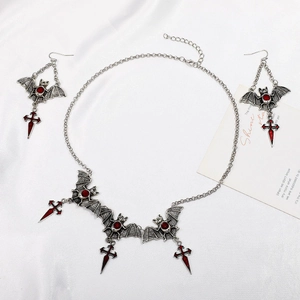 Gothic bat and cross jewelry set with red gems and silver finish for Halloween