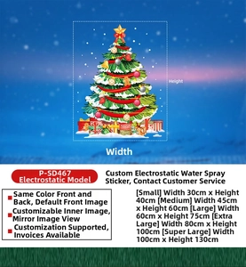 Size chart for green Christmas tree static stickers with dimensions from small to extra large