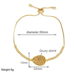 Adjustable gold plated bracelet with teardrop druzy stone and sizing dimensions