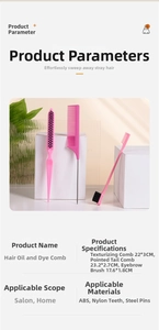 Detailed view of 3-piece hair coloring tool set including pink teasing brush and steel pin tail comb