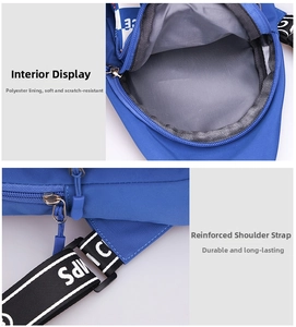 Detail view of the durable blue nylon kid's bag featuring reinforced straps and soft lining