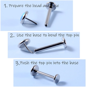 Detailed guide showing assembly of stainless steel labret stud and threaded stone head
