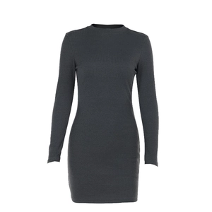 Elegant charcoal grey slim fit ribbed knit long sleeve mini dress for women