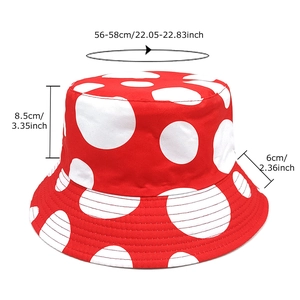Red mushroom pattern bucket hat with size chart for 56-58cm head circumference