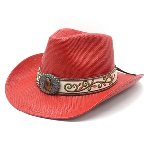 Chapeau de cowboy vintage en paille rouge avec ruban brodé et boucle rétro en bronze