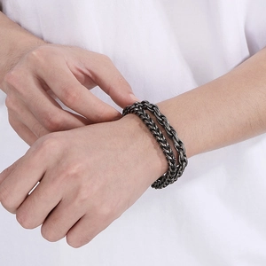 Double-layer gunmetal wheat and Cuban link chain bracelet for men in industrial style