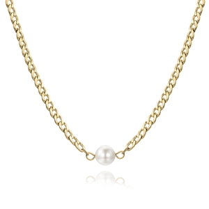Macro shot of gold-plated chain necklace featuring a white pearl heart pendant