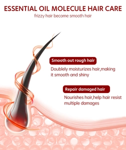 Infographic showing essential oil molecules repairing damaged hair fibers for smooth shine