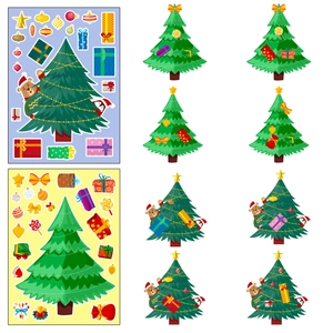 Detail of DIY Christmas tree stickers featuring colorful cartoon bears and penguins