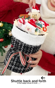 Christmas plush doll bouquet with glowing lights, festive gift wrapping, cute holiday decor.