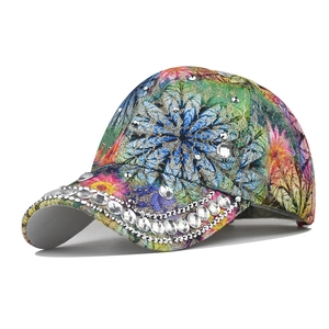 Rhinestone Baseball Cap Cotton Floral Print Sparkling Crystal Adjustable Outdoor Leisure Fashion Hat For Women