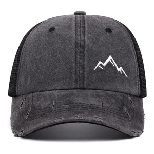 Distressed dark grey trucker hat with mountain embroidery and breathable mesh back