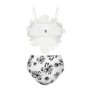 Detailed view of 3D floral applique on bikini top with high-waist floral print bottom