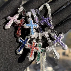 Hip hop cross pendant necklace with blue zircon and iced out tennis chain for men