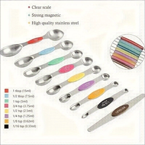 9-piece magnetic stainless steel measuring spoon set with colorful handles and leveler