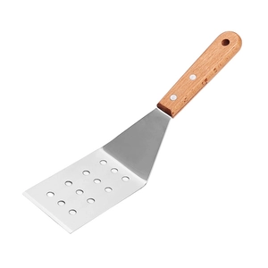 Professional stainless steel fish spatula with slotted head and ergonomic beech wood handle