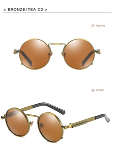 Detail of round steampunk polarized sunglasses with bronze metal frame and spring temples