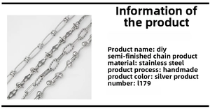 Close-up of DIY stainless steel jewelry chains with four unique silver link designs