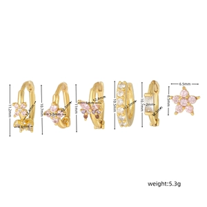 Detailed view of 6pcs pink flower and butterfly stud earring set with size annotations