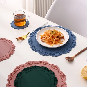 Sets De Table Dessous De Verre Silicone Relief Rétro Dentelle Rond Résistant À La Chaleur Imperméable Floral Décor