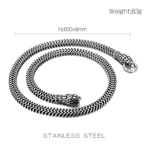 Detail of retro stainless steel snake scale chain with dual snake head clasps for men