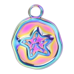 Detail of rainbow plated stainless steel starfish pendant with wax seal texture