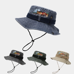 Kids Bucket Hat Washed Cotton Sun Protection Windproof Strap Cartoon Train Embroidery Vintage Outdoor For Boys Girls