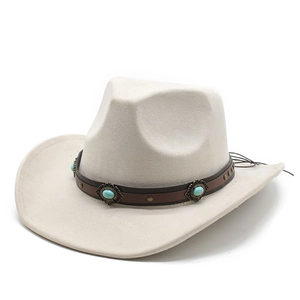 Cream faux suede cowboy hat with turquoise-beaded brown band and teardrop crown