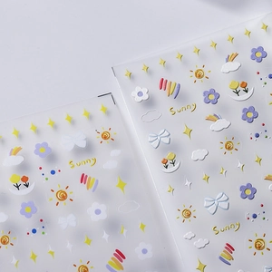 3D relief nail stickers with sunny rainbow, flowers, and clouds patterns for manicure