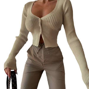 Slim fit beige V-neck knitted cardigan for women featuring a ribbed texture and long sleeves