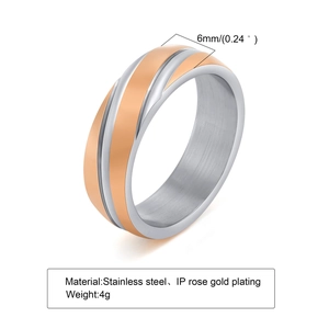 Detail view of 6mm two-tone stainless steel ring in silver and IP rose gold finish