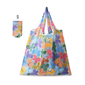 Portable foldable shopping bag with colorful butterfly print and hook attachment