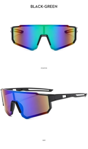 Detail view of black-green sports cycling sunglasses with rainbow mirrored lenses