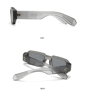 Detail view of square sunglasses with three star rivets and inner CE marking labels
