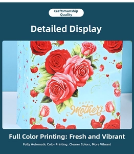 Detail of blue non-woven Mother's Day gift bag with red roses and gold Happy Mother's Day text