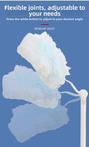 Detail of blue electrostatic duster with adjustable flexible joint and white control button