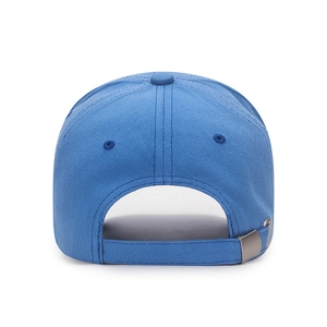 Back view of blue cotton baseball cap featuring adjustable metal buckle and neat stitching