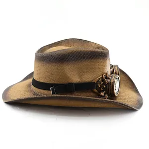 Detailed side view of steampunk cowboy hat with woven texture and spiked industrial goggles