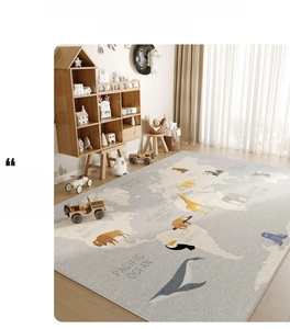 Detailed world map area rug for kids playroom featuring cute cartoon animals and soft colors