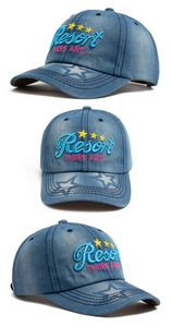 Multiple views showing embroidery details and washed denim stars on baseball cap