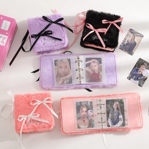 Plush 3-ring binder photo album with ribbon bow and soft faux fur for idol cards