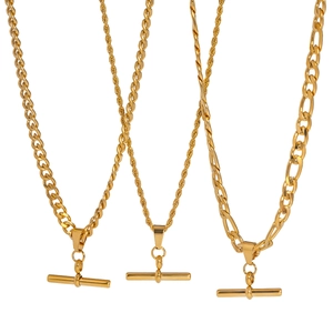 Three gold stainless steel T-bar pendant necklaces featuring figaro and rope chain designs