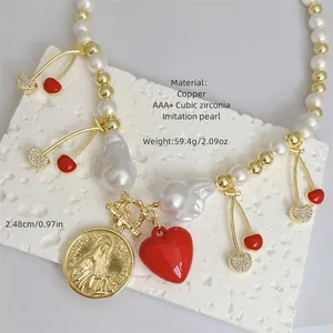 18k gold plated cherry and heart pendant necklace with pearls and zircon insets