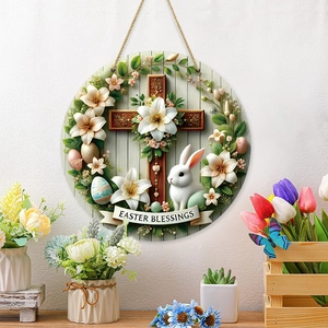 Wooden Easter round sign featuring lilies, bunny, eggs and Easter Blessings message
