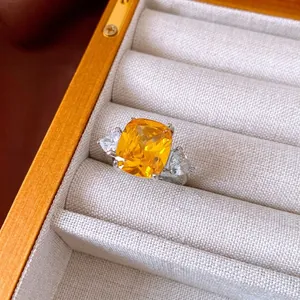 Luxury cushion cut yellow zircon open ring with side stones in minimalist silver