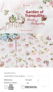 Detail of floral themed vintage stickers showing rose illustrations and dimensions 44mm x 44mm